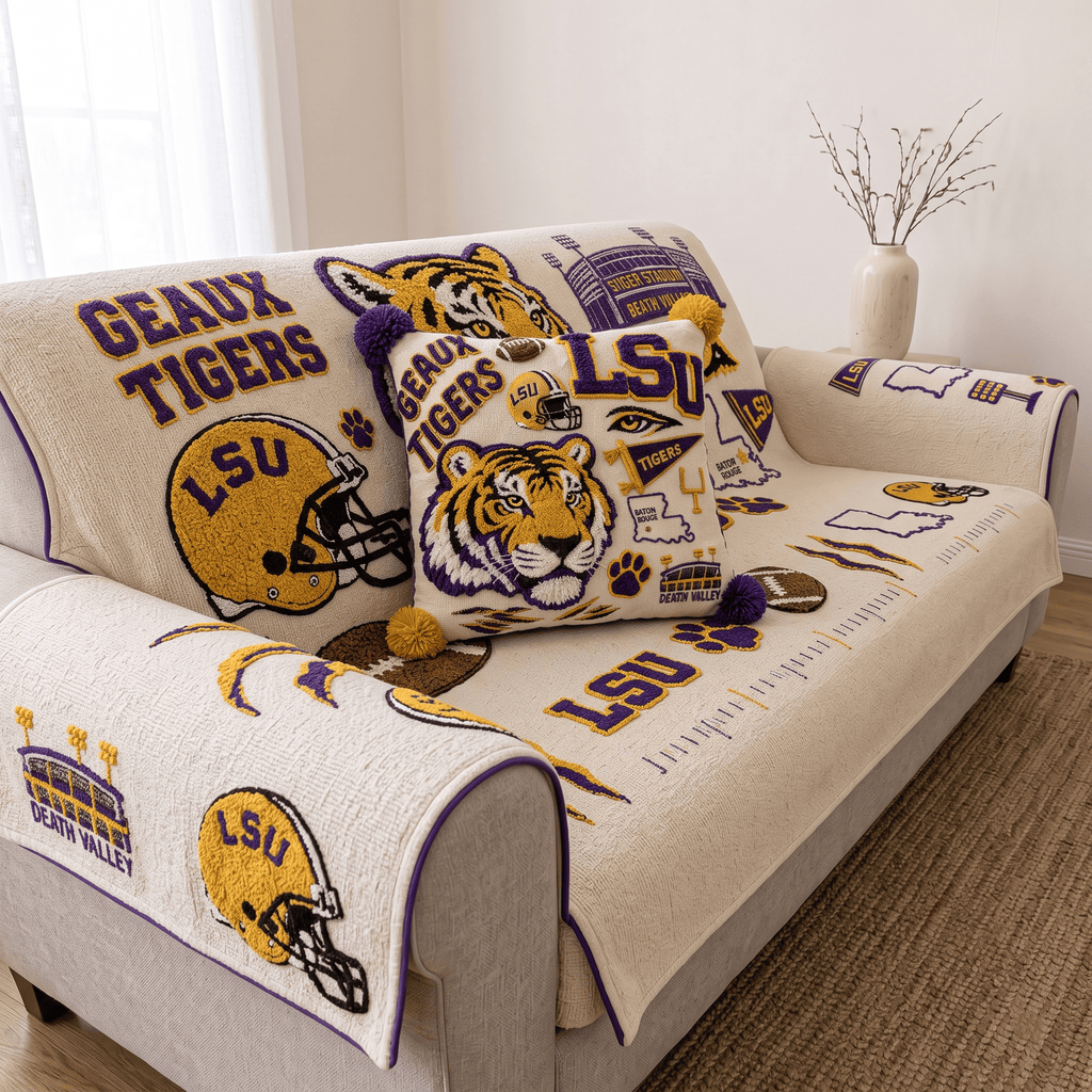 LSU Tufted Sofa Cover & Pillow Set HTTT
