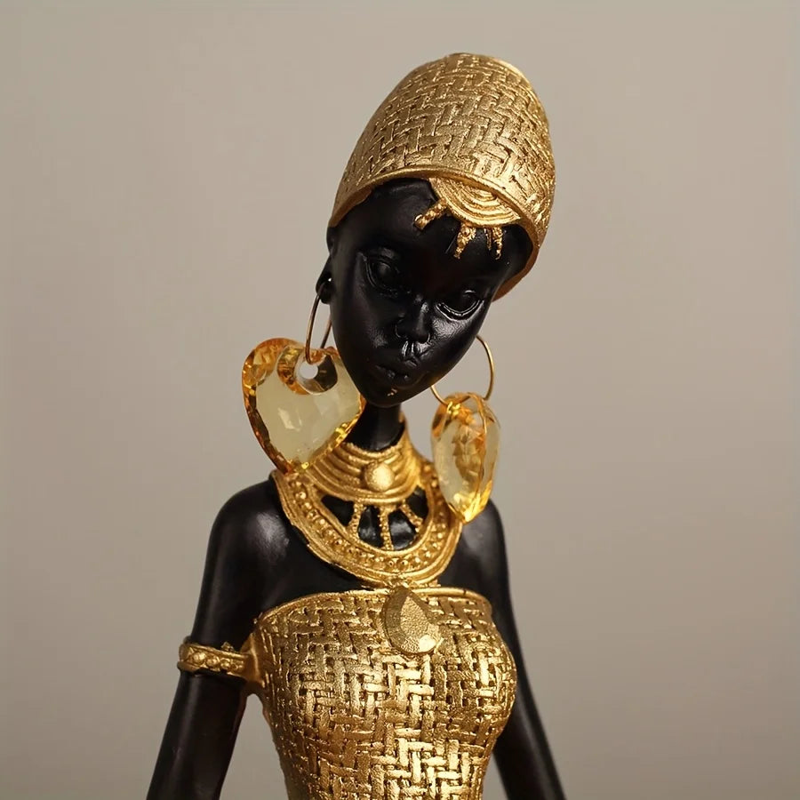 African Lady Resin Figurine Woven Texture Elegant Golden Black Modern Home Decor for Living Room Office Desktop Unique Gift Idea